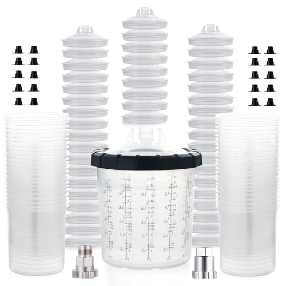 AEROPRO TOOLS Disposable Paint Cups Liners and Lid System, 50 Pack 22 Ounce (650ml) Kit for Spray Gun - 50 Liners, 50 Lids With Strainer, 1 Hard Cup With Retainer Ring, 20 Plugs, 2 Adapters Car Paints Fiyatı