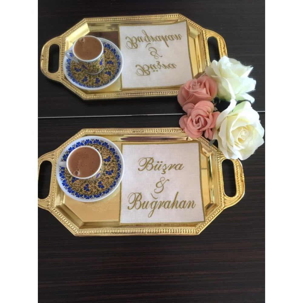 Afa Tasarım Kişiye Özel Isim Işlemeli Söz & Nişan Mendili, Kahve Yanı Sunum Peçetesi - 15 x 15 cm - Gold Masa Örtüsü Fiyatı