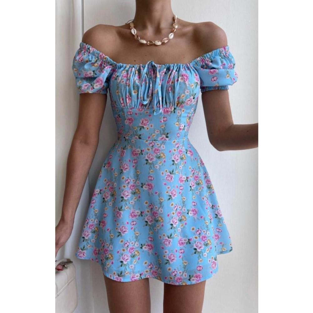 Afiş Butik Yakası Bağlamalı Pembe Çiçekli Mavi Elbise S Beden Elbise Fiyatı