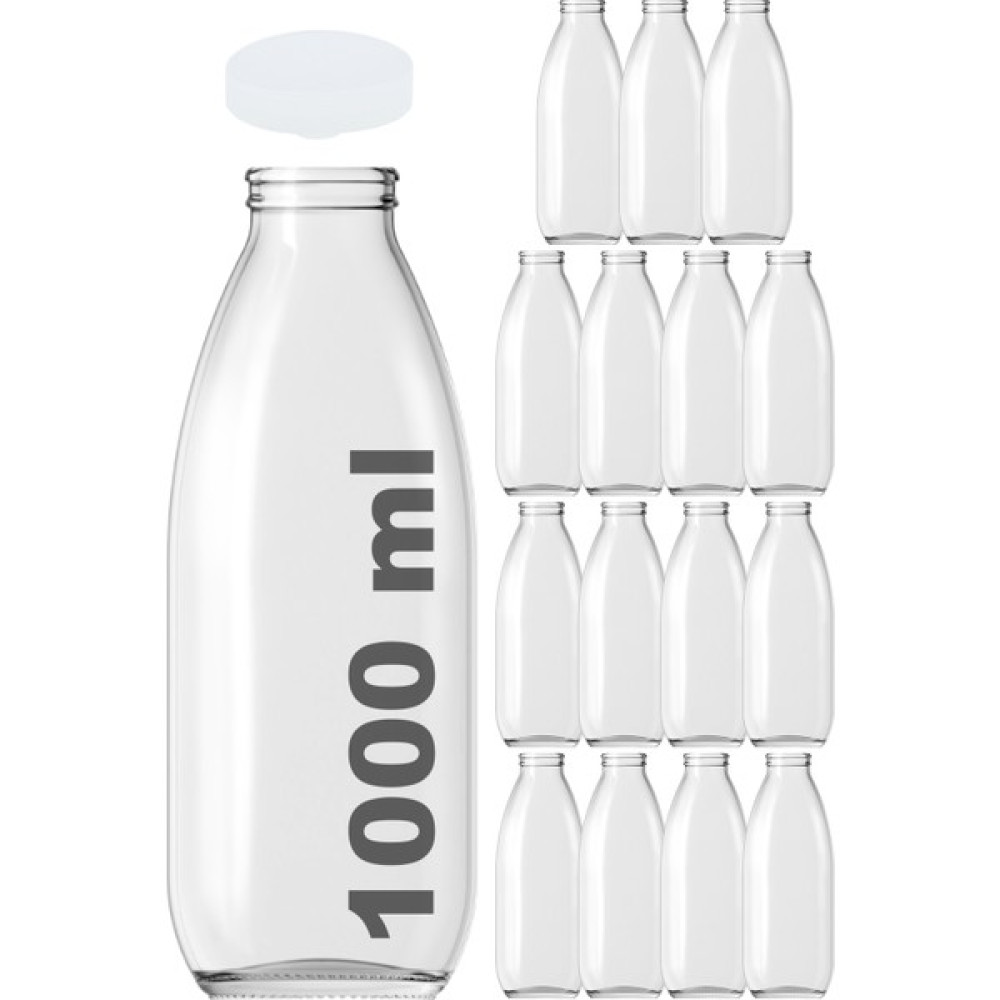 Afracam 1000 cc Şeffaf Süt, Ayran, Limonata Şişesi Plastik Kapaklı 1000 ml Yuvarlak Cam Şişe 15 Adet Saklama Kapları Fiyatı