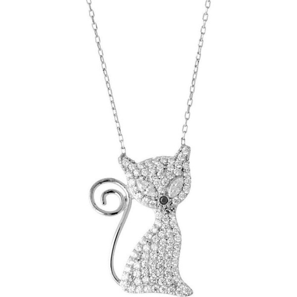 Afrodit Silver Zirkon Taşlı Oturan Kedi Tasarım Gümüş Kolye Gümüş Kolye Fiyatı