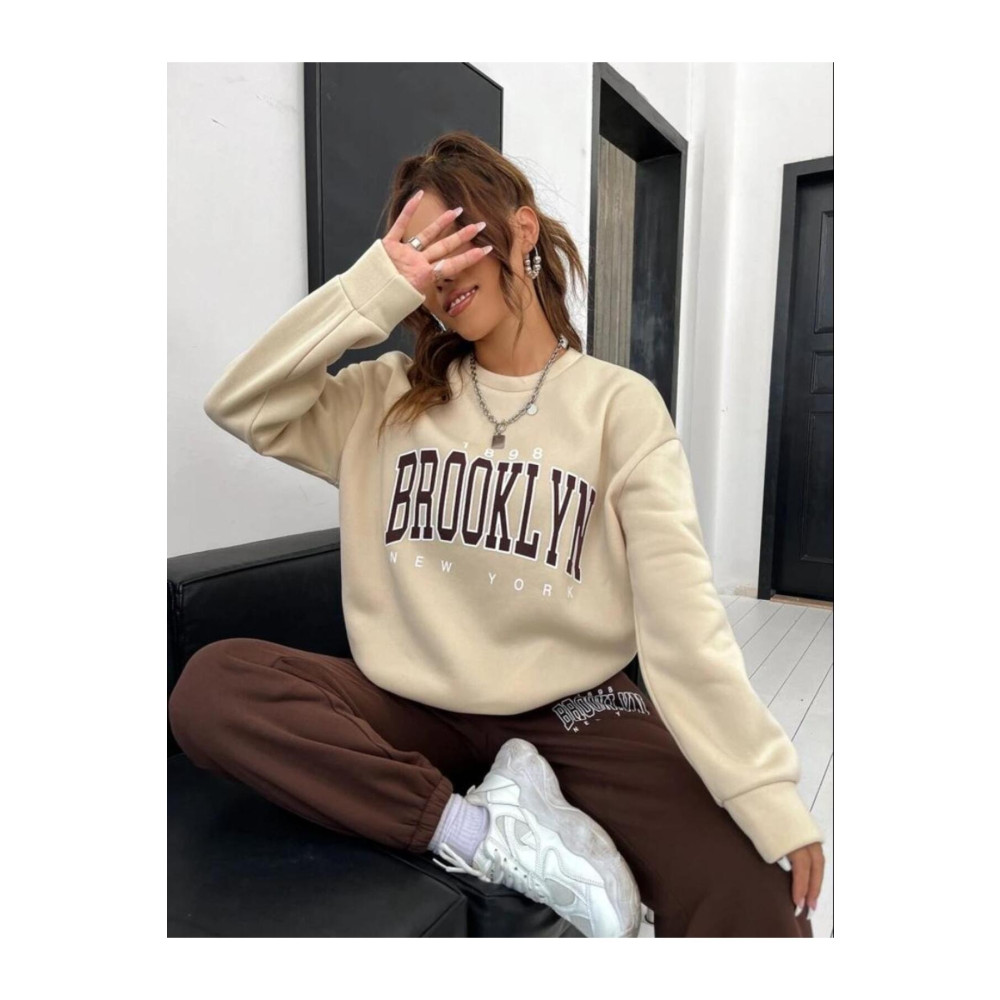 AFROGİYİM Kadın Brooklyn New York Baskılı Oversize Üç İplik Polar Bisiklet Yaka Eşofman Takımı S Beden Kadın Eşofman Fiyatı