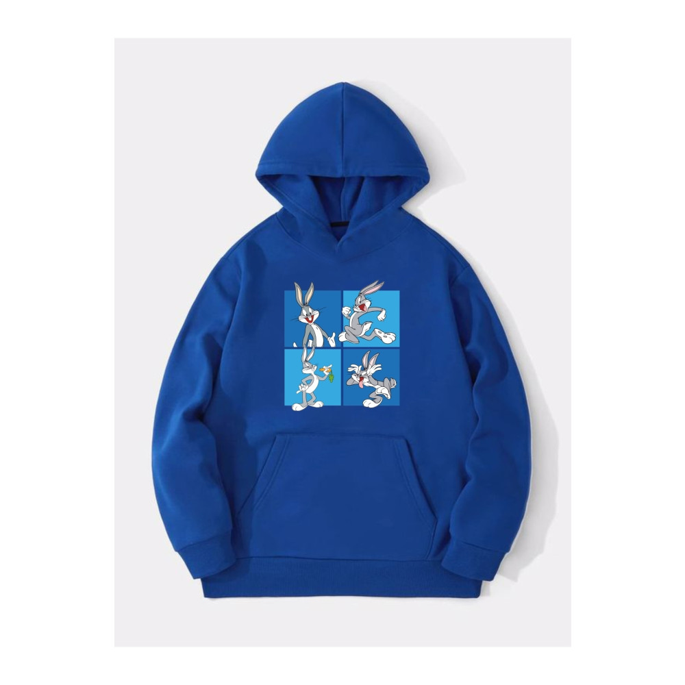 AFROGİYİM Kadın Bugs Bunny Baskılı Mavi Oversize Kapüşonlu Sweatshirt L Beden Bayan Sweatshirt Fiyatı