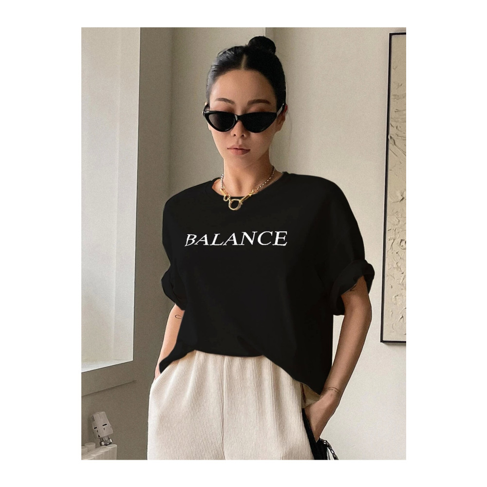 AFROGİYİM Kadın Siyah Balance Baskılı Oversize T-shirt S Beden Bayan T-shirt Fiyatı