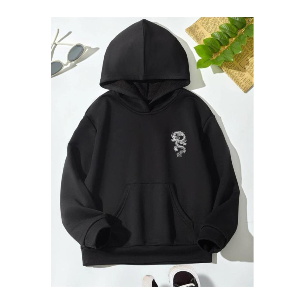 AFROKİDS Çocuk Unisex Oversize Siyah Ejder Ön-arka Baskılı Kapüşonlu Sweatshirt 9-12 Yaş Beden Bayan Sweatshirt Fiyatı