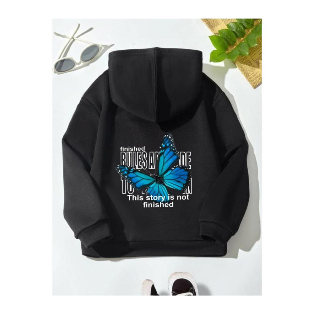 AFROKİDS Çocuk Unisex Oversize Siyah Mavi Kelebek Ön-arka Baskılı Kapüşonlu Sweatshirt 11-13 Yaş Beden Bayan Sweatshirt Fiyatı