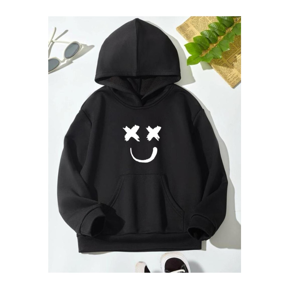 AFROKİDS Çocuk Unisex Oversize Siyah X Gülücük Baskılı Kapüşonlu Sweatshirt 9-12 Yaş Beden Bayan Sweatshirt Fiyatı