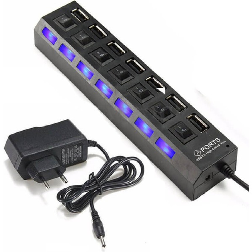 Afzelia 7 Port USB Hub Çoklayıcı Çoğaltıcı Onoff Düğmeli Işıklı Adaptörlü - Siyah Tablet Pc Aksesuarları Fiyatı