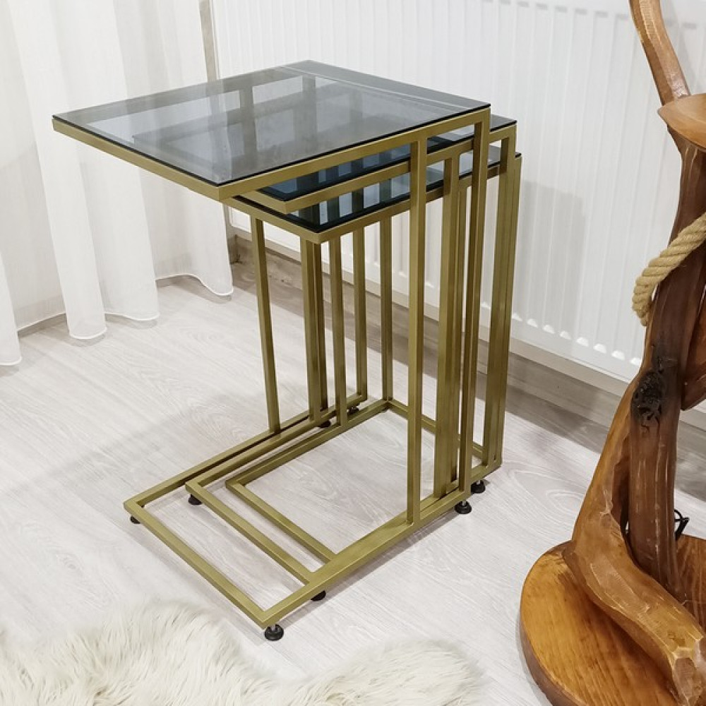 Aga Konsept 3'lü Çok Amaçlı Metal Güvenilir Temperli Füme Camlı C Sehpa Gold Yan Sehpa Fiyatı