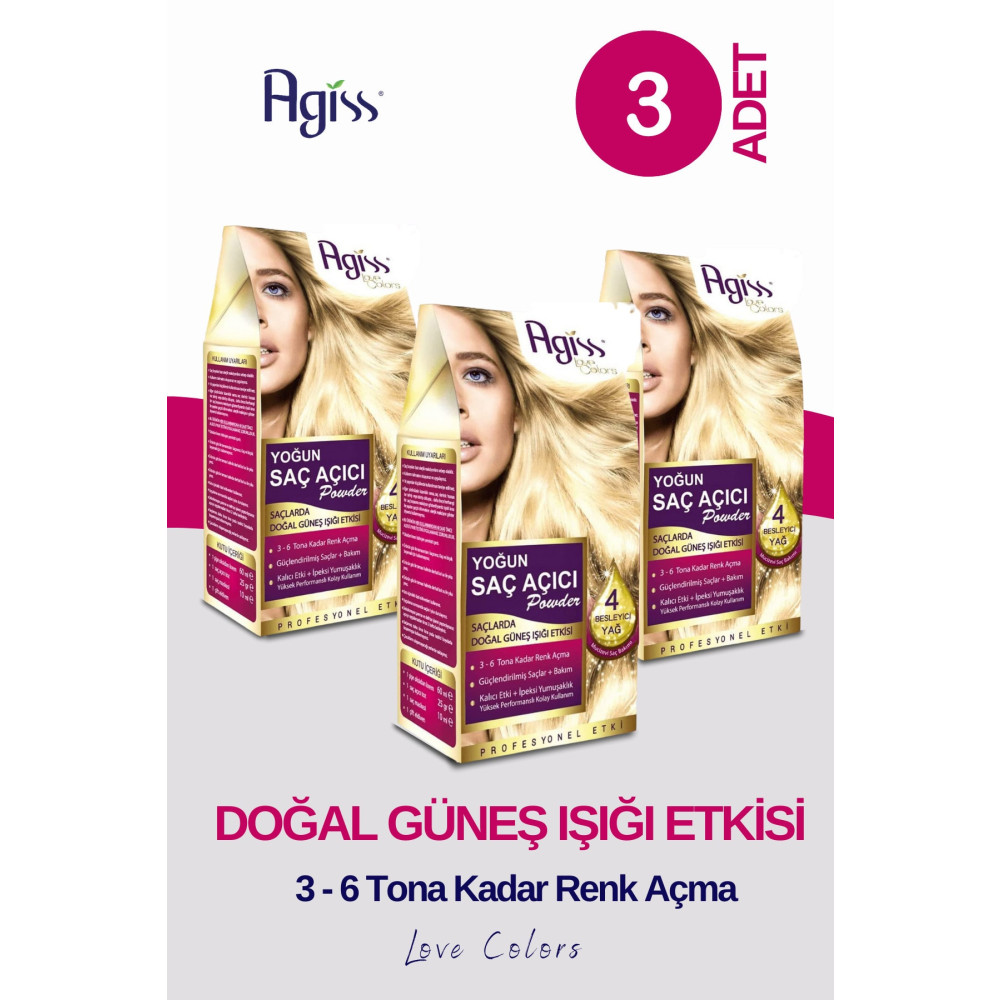 AGISS Love Colors Yoğun Saç Renk Açıcı Toz Oksidan Oryal Besleyici Saç Bakım Onarım Seti 3 Adet Set Saç Bakımı Fiyatı