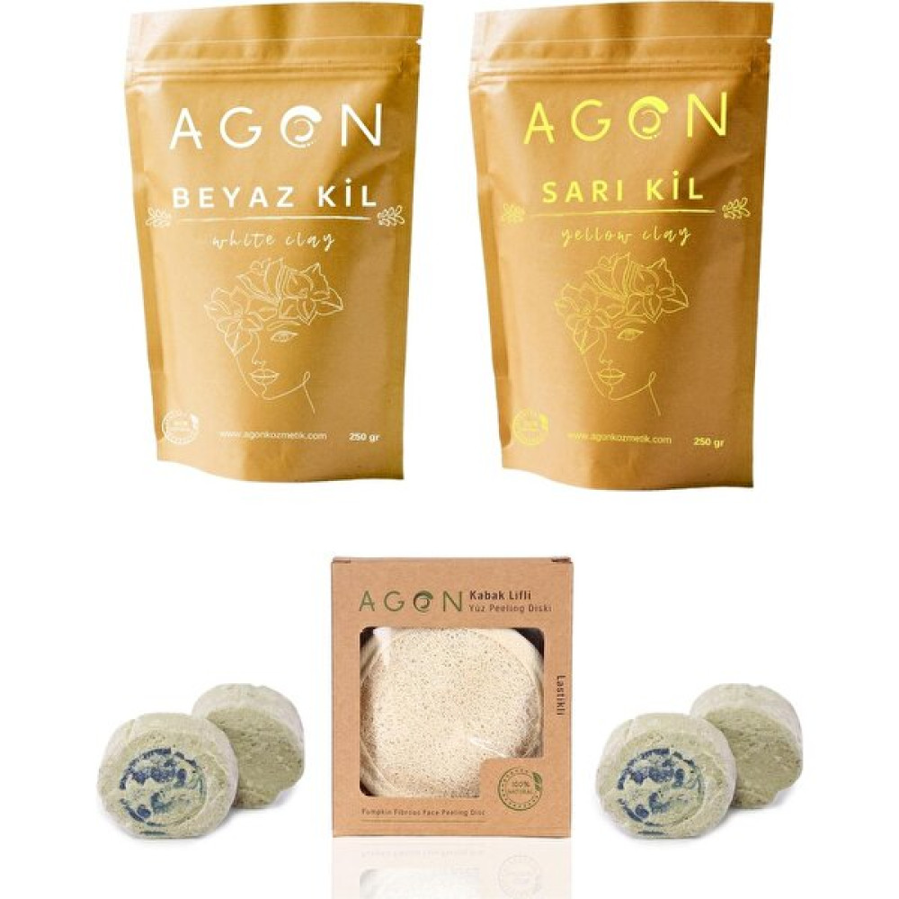 Agon Beyaz 250 Gr- Sarı Kil 250 Gr-Kabak Lifli Yüz Peeling Diski-Ruşur Taşı(4 Adet) Cilt Bakım Seti Maskeler Fiyatı