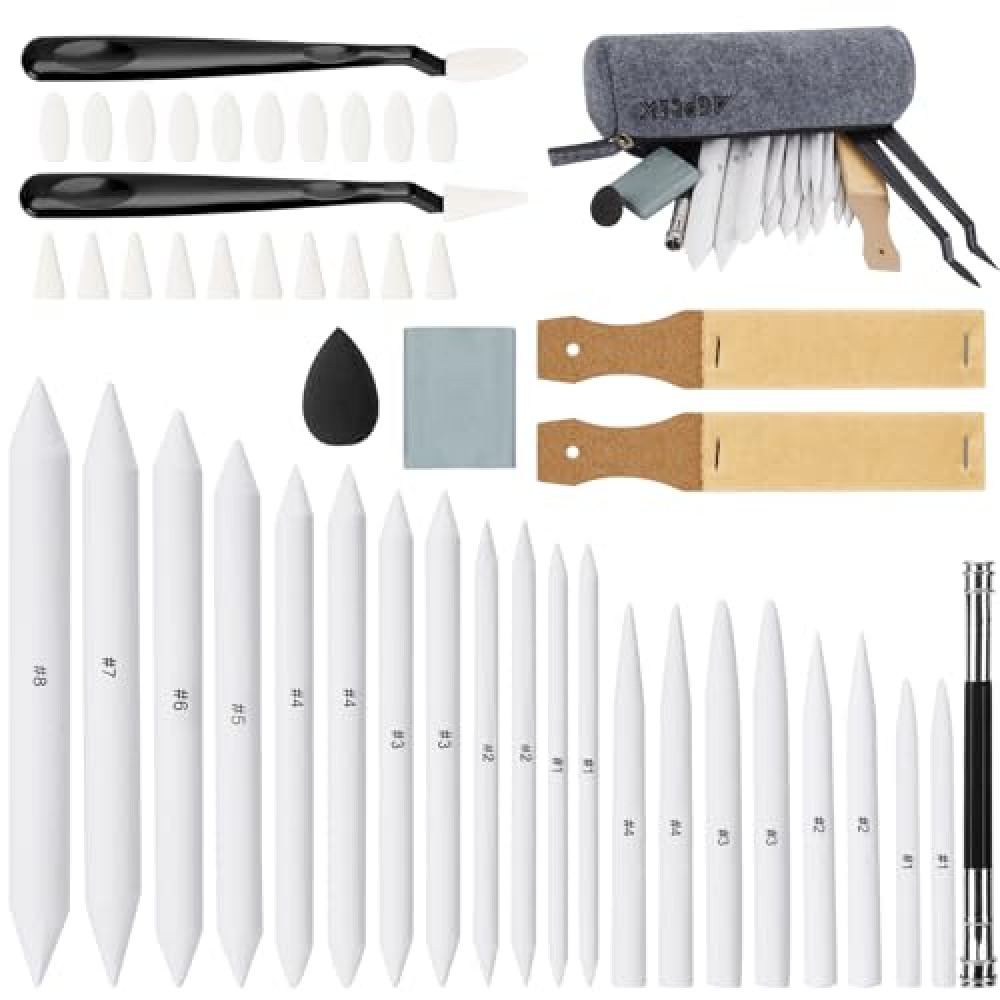 AGPTEK 48 PCS Sketch Drawing Tools, 20 Blending Stumps Set and 2 Sandpaper Pencil Sharpeners, Pencil Extension, Erasers,20 sponge replacement heads & 1 Felt Bag for Student Sketch Drawing Accessories