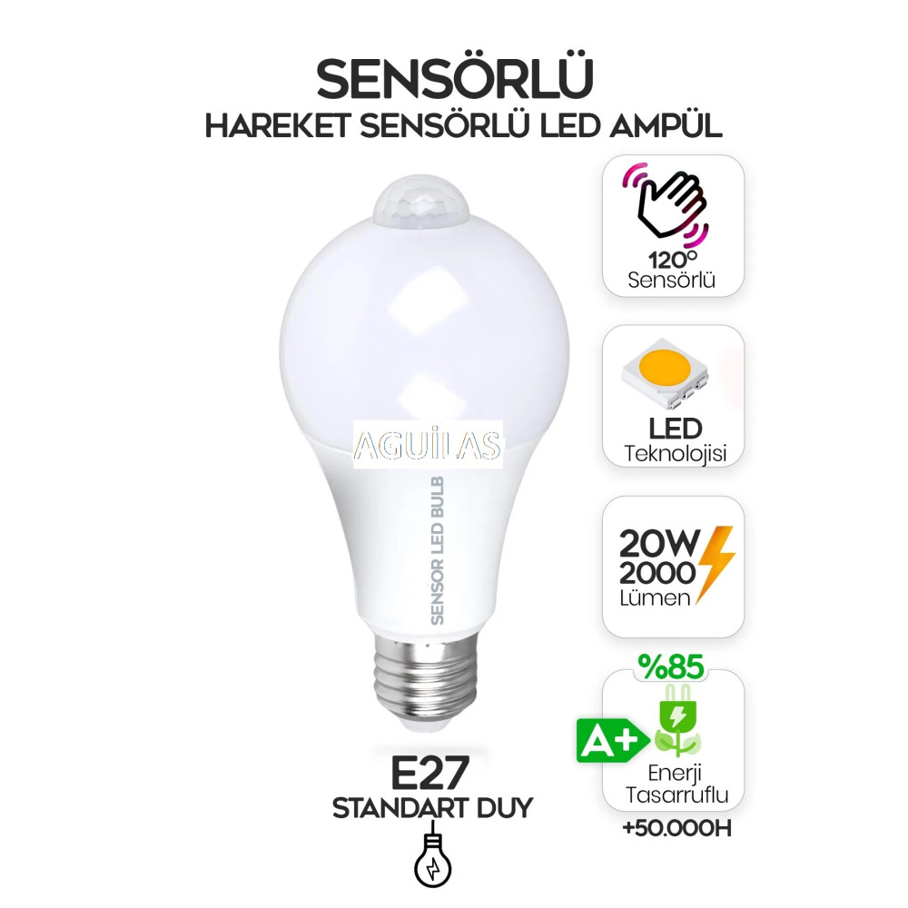 AGUILAS Sensörlü Led Ampül Hareket Algılayıcılı E27 Duy 20W 2000 Lümen Hareket Sensörlü Led Lamba Işık Klasik Ampul Fiyatı