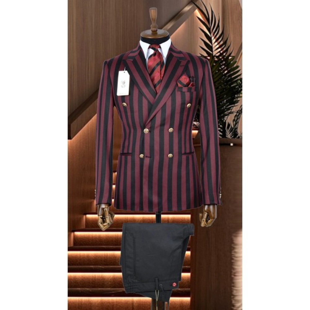 Agustini Bordo ve Siyah Çizgili Italyan Stil Kruvaze Ikili Kombin Takım Elbise Geniş Sivri Yaka Slim Fit | Agustini Erkek Takım Elbise Fiyatı