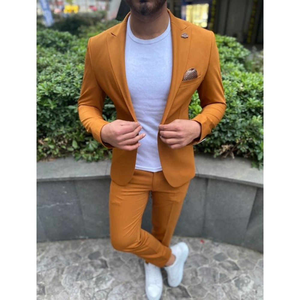 Agustini Hardal Sarı Spor Takım Elbise Sivri Yaka Slim Fit | Agustini Erkek Takım Elbise Fiyatı