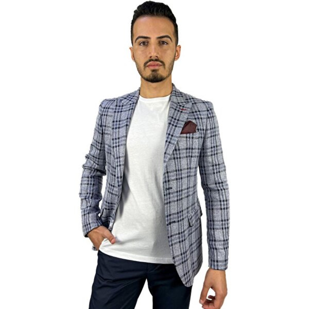 Agustini Lacivert Ekose Blazer Tek Ceket Sivri Yaka Regular Fit | Agustini Erkek Ceket Fiyatı
