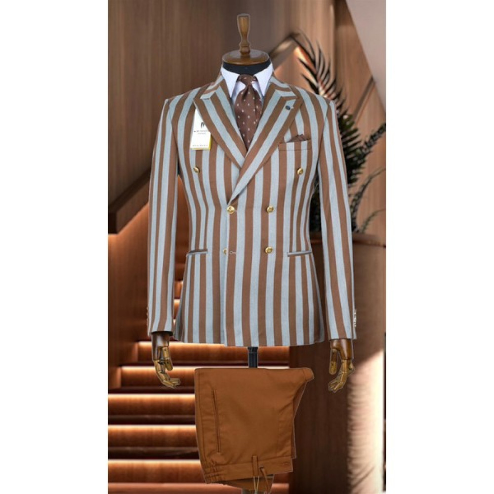 Agustini Taba ve Gri Çizgili Italyan Stil Kruvaze Ceket Geniş Sivri Yaka Slim Fit | Agustini Erkek Ceket Fiyatı