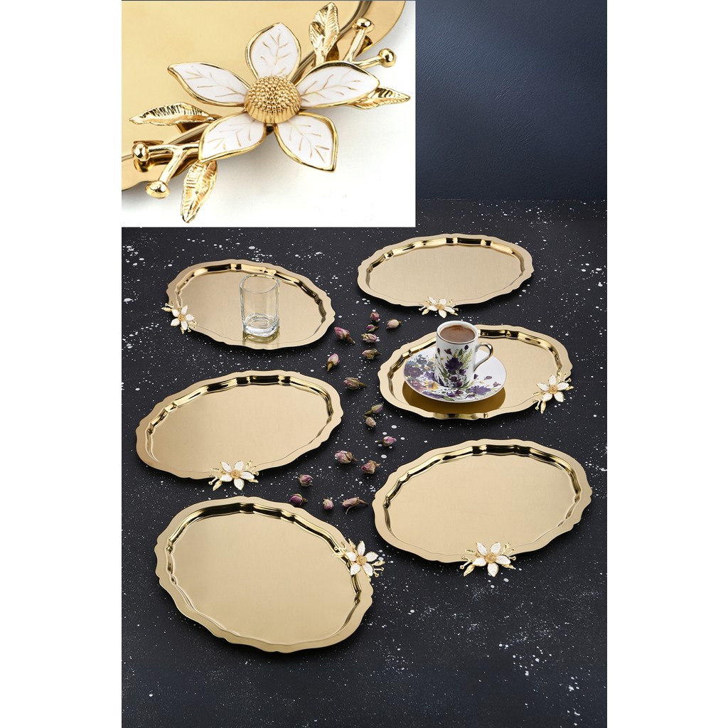 Ahir Ticaret 6 Adet Papatya Aksesuarlı Oval Gold 20X25 cm Paslanmaz Çelik Kahve-Sunum Tepsisi Tepsiler / Fırın Kapları Fiyatı