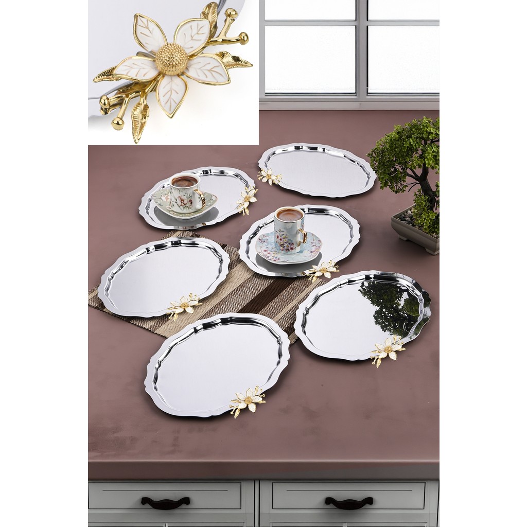 Ahir Ticaret 6 Adet Papatya Aksesuarlı Oval Gümüş 20X25 cm Paslanmaz Çelik Kahve-Sunum Tepsisi Tepsiler / Fırın Kapları Fiyatı