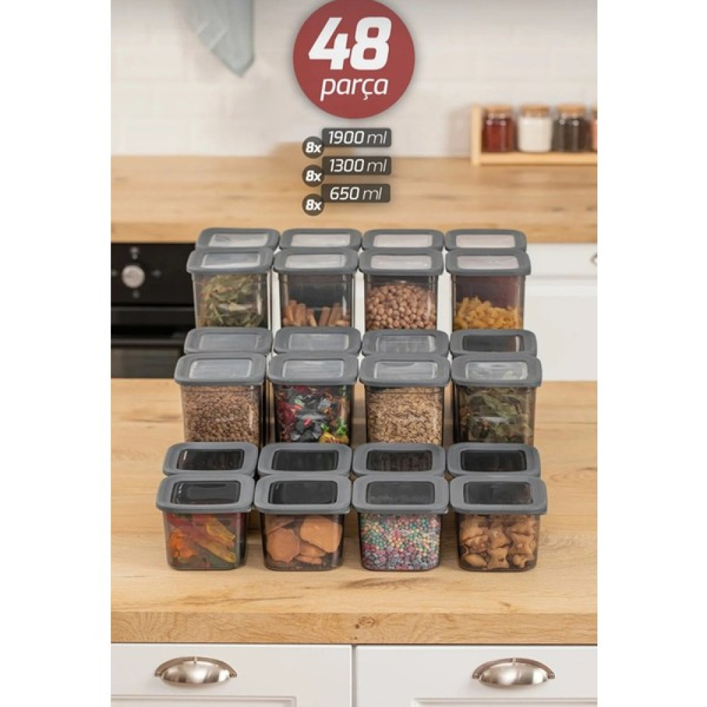 Ahir Ticaret Bakliyat-Erzak Saklama Kabı Seti 8 x 1900 ml + 8 x 1300 ml + 8 x 650 ml 24'lü - Antrasit Saklama Kapları Fiyatı