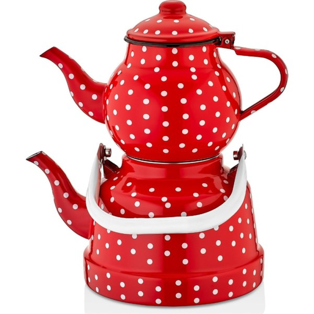 Ahir Ticaret Nostalji Emaye Çaydanlık Takımı Orta Boy 13/18 Kırmızı Puantiyeli Çay / Çaydanlık Setleri Fiyatı
