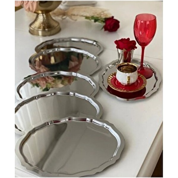 Ahir Ticaret Paslanmaz Çelik Oval 6 Kişilik Çay Kahve Sunum Tepsisi 20 25 cm Gümüş Renk - 20 x 25 cm Tepsiler / Fırın Kapları Fiyatı