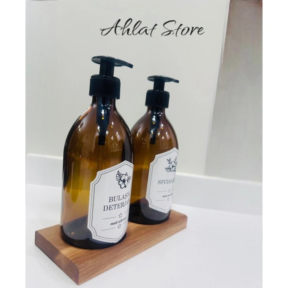 Ahlat Store Ahşap Stantlı 2'li Cam Sıvı Sabun Bulaşık Deterjanı Seti 500 ml Standlı Sabunluk Stantlı Sabunluk Sabunluk Fiyatı