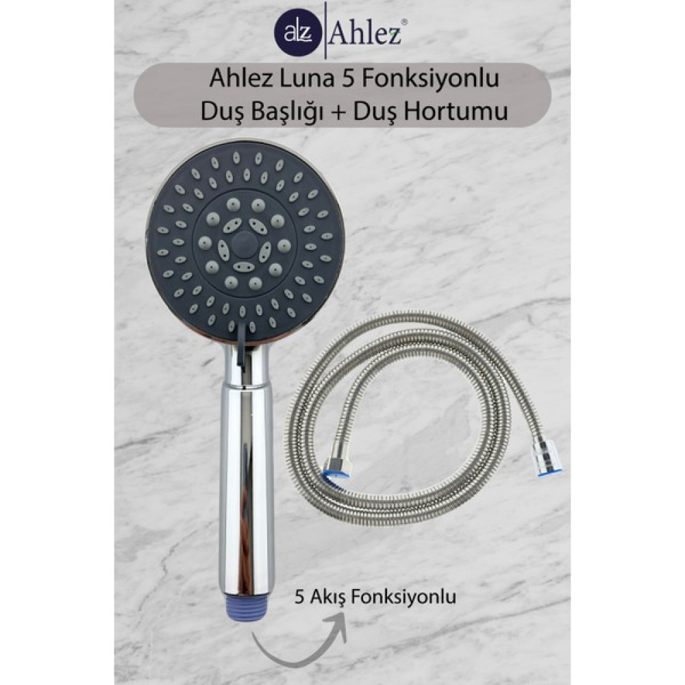 Ahlez Luna 5 Fonksiyonlu Duş Başlığı + Spiral Duş Hortumu Duş Takımı Duş Seti - Krom Duş Seti Fiyatı