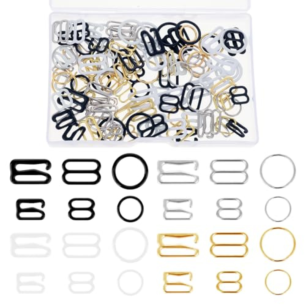 AHQiZFX 120PCS Bra Strap Hooks, Metal Bathing Suit Clips Clasp, Adjustment Slider, Bra Strap Rings for Sewing Bikini Halter Swimsuit Tops and Lingerie, 3 Styles, 2 Sizes (Black, White, Gold, Silver)