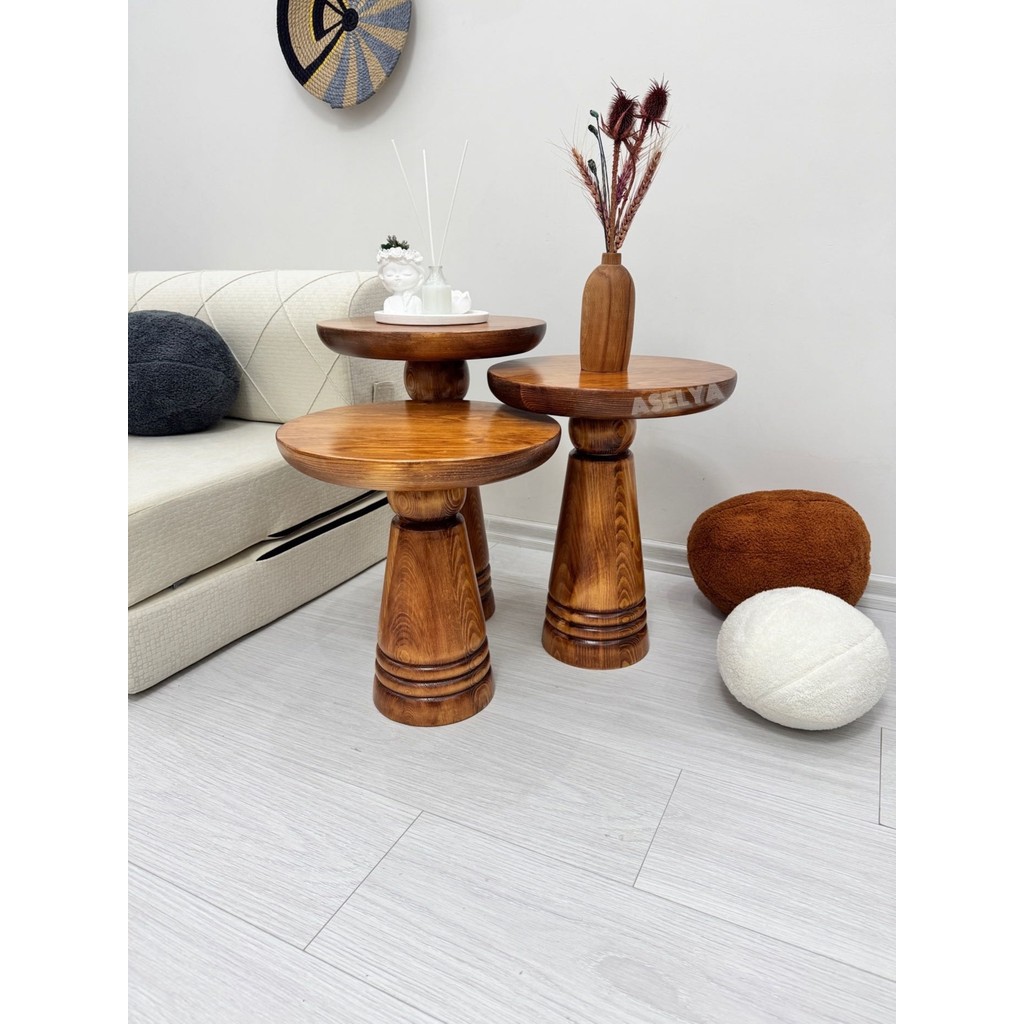 Ahşap 3'lü Set Mantar Yan Sehpa Modern Açık Ceviz Fiskos Zigon Çiçeklik Yan Sehpa Fiyatı