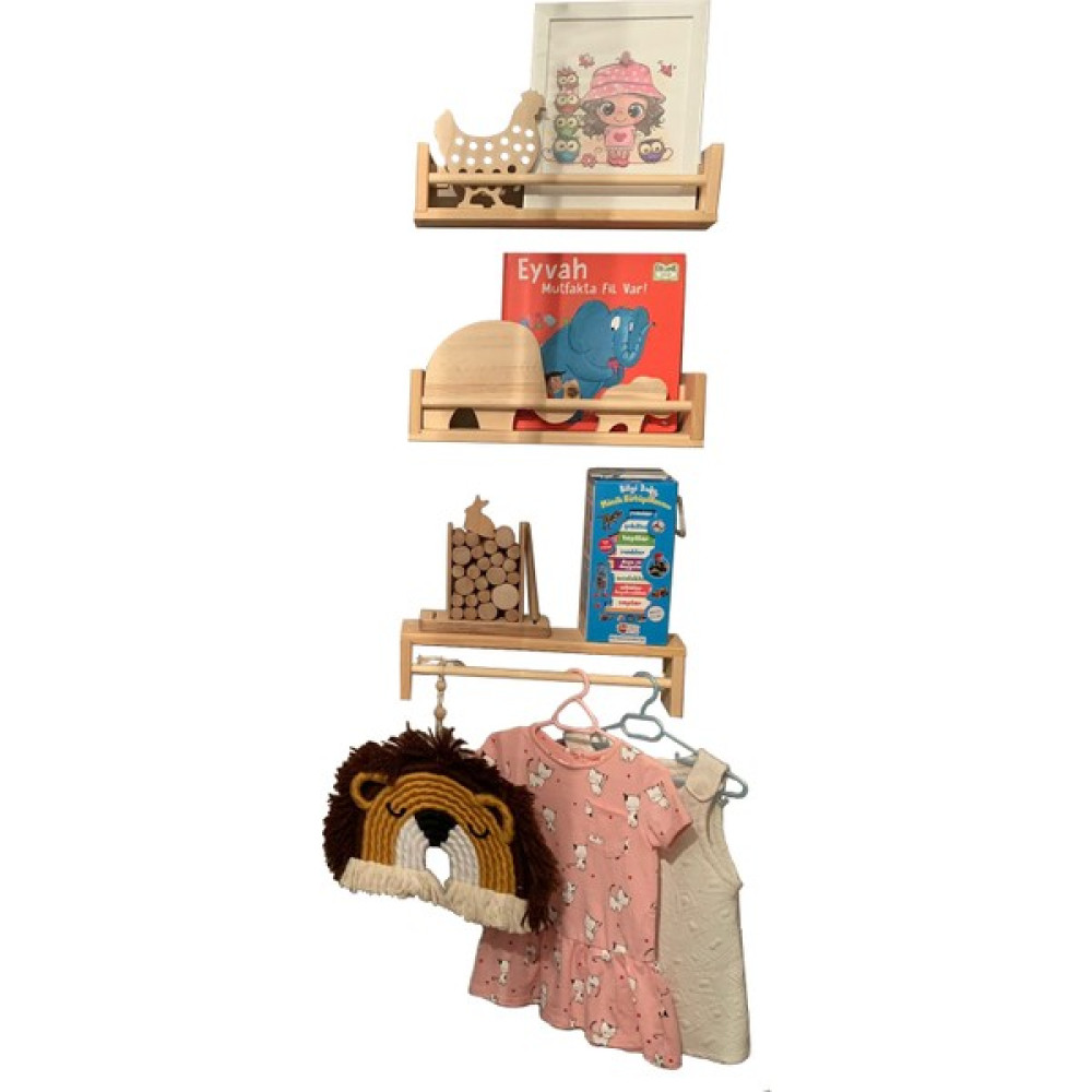 Ahşap Adası Doğal Montesori Kitaplık Çocuk Bebek Odası Duvar Rafı Ahşap 3lü Kitaplık - Duvar Rafı & CD / DVD Rafı Fiyatı