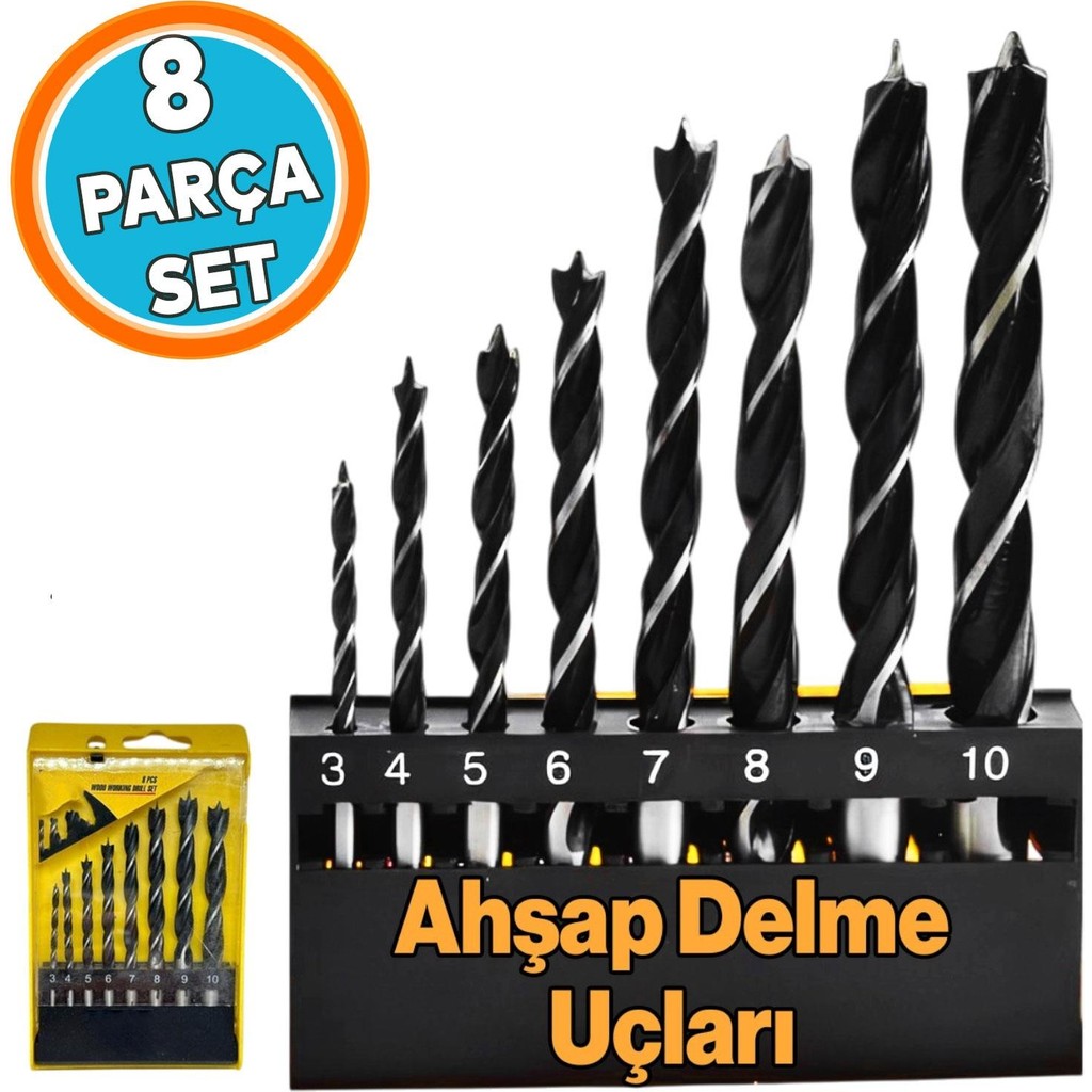 Ahşap Delme Matkap Ucu Set 8 'li Paket Ağaç Sunta Kartonpiyer Delme 3 4 5 6 7 8 9 10 mm Çap - 1 - Siyah Matkaplar Fiyatı