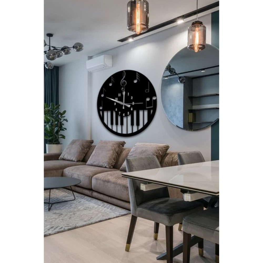 Ahşap Dünyam Dekoratif Modern Ahşap Siyah Duvar Saati Modern Müzik Piyano Nota Saat 50CM x 50CM Dekoratif Saat Fiyatı