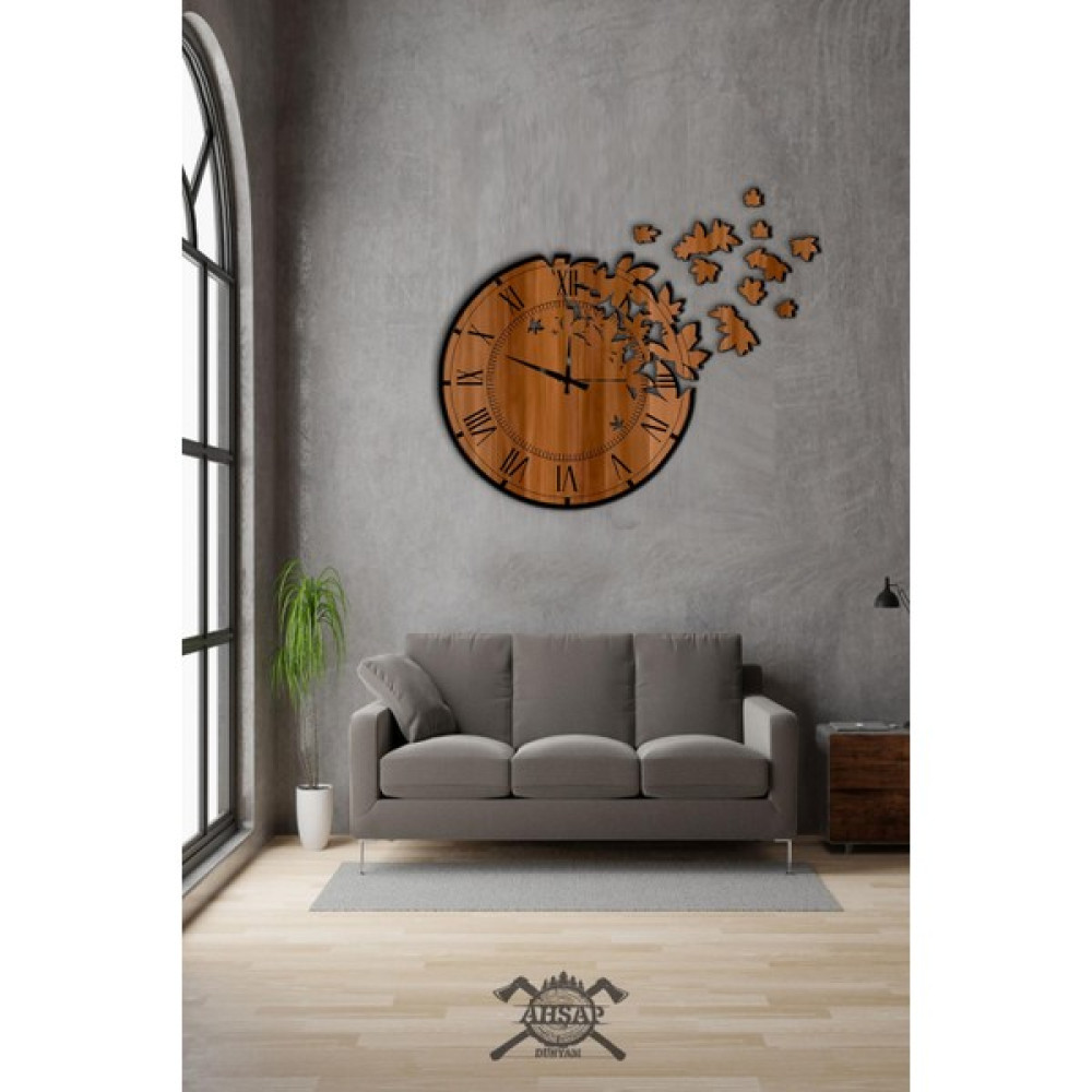 Ahşap Dünyam Katman Ahşap Renkli Yaprak Desen Dekoratif Ahşap Sessiz Mekanizma Duvar Saati Modern Saat 50CMX50CM Dekoratif Saat Fiyatı