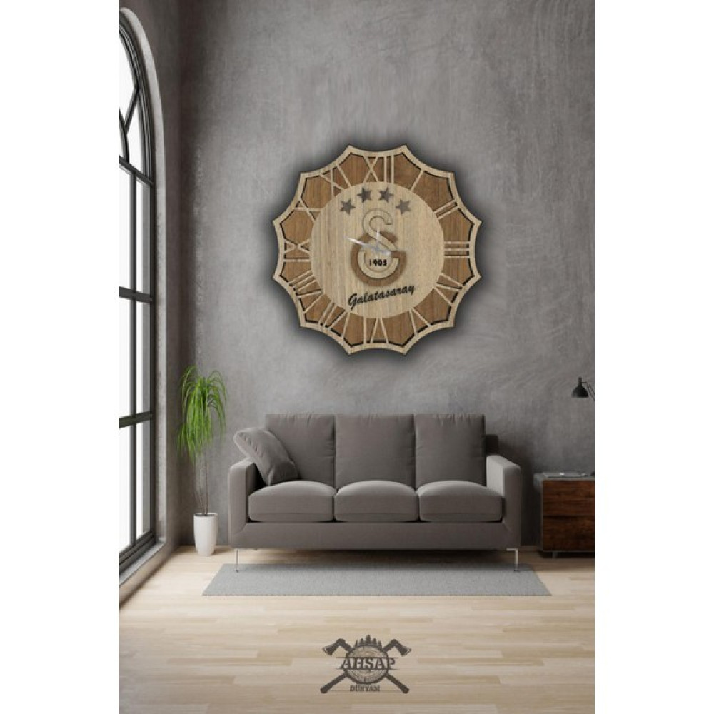 Ahşap Dünyam Renkli Galatasaray Yazılı Dekoratif Ahşap Sessiz Mekanizma Duvar Saati Modern Saat 50CMX50CM Dekoratif Saat Fiyatı