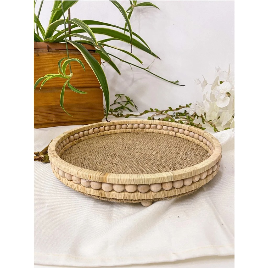 Ahşap Küçük Boncuklu 25 cm Hasır Doğal Rafya/jüt Tepsi, Diğer Fiyatı