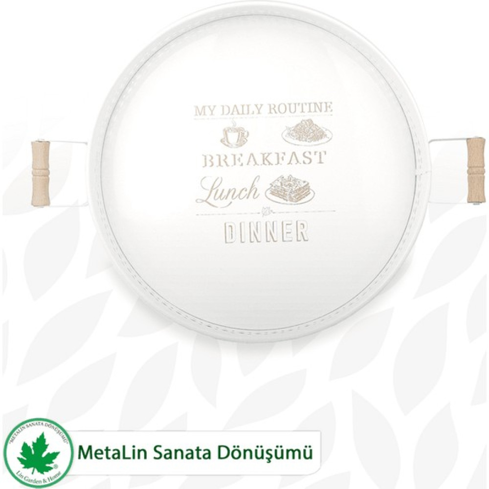 Ahşap Kulplu Desenli Yuvarlak Metal Servis Tepsisi 37CM, Kahve Tepsisi, Sunum Tepsisi (My Daily Routinebaskılı) - Beyaz Servis Tepsisi Fiyatı