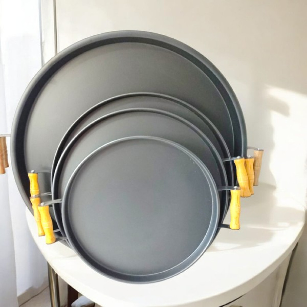 Ahşap Kulplu Metal Tepsi Çay Tepsisi 4'lü (51, 40, 37, 30 Cm) Kahve Tepsisi Sunum Tepsi Seti - Antrasit Servis Tepsisi Fiyatı