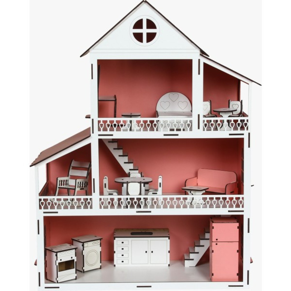 Ahşap Oyun Evi Villa Sapanca 3 Katlı Pembe Beyaz Oyun Evi Maket Fiyatı