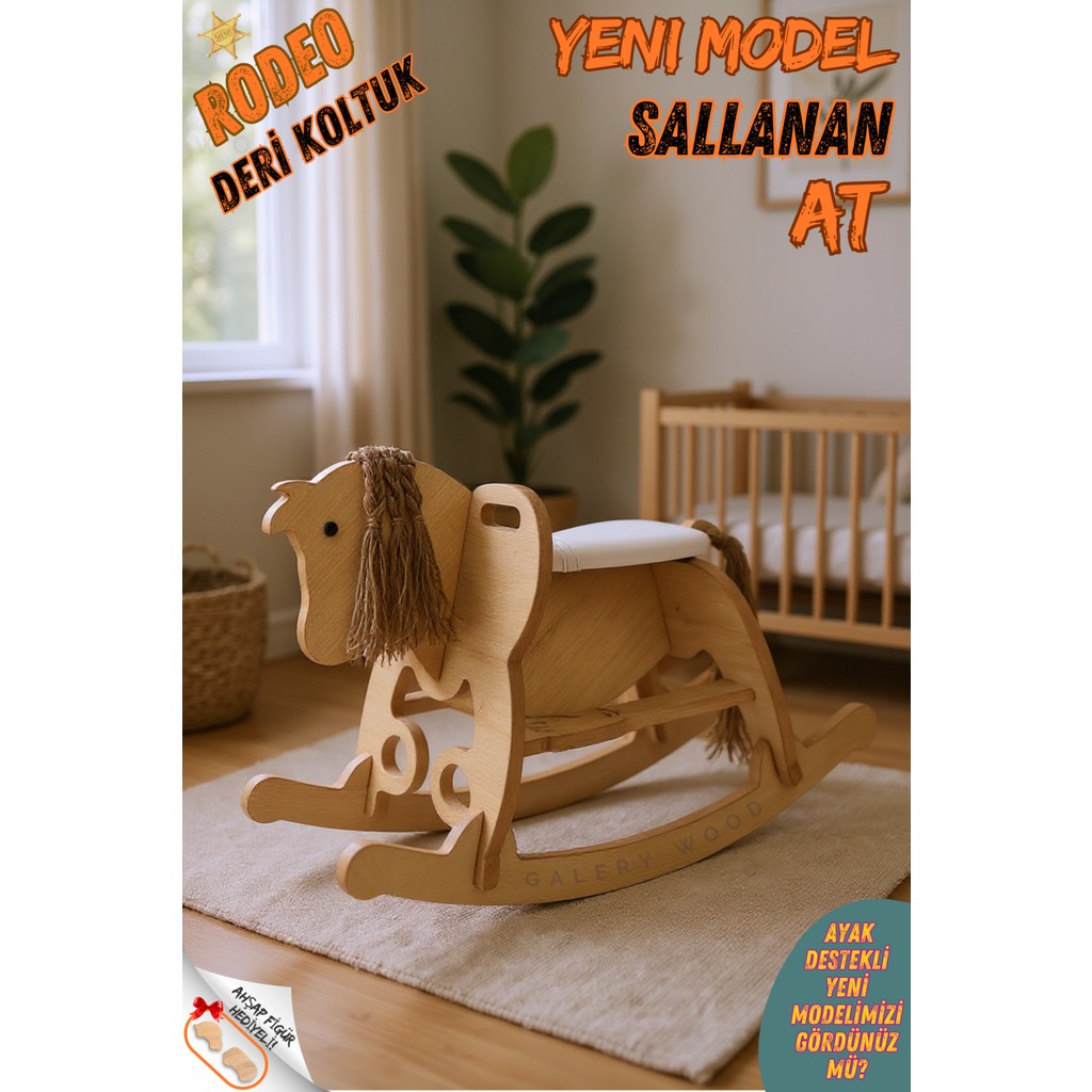 Ahşap Sallanan At-Deri Koltuklu-Ayak Destekli-(Yeni Model) - Beyaz Koltuk Fiyatı