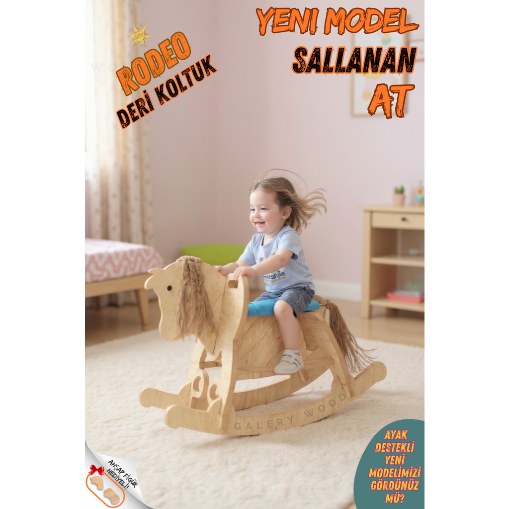 Ahşap Sallanan At-Deri Koltuklu-Ayak Destekli-(Yeni Model) - Mavi Koltuk Fiyatı