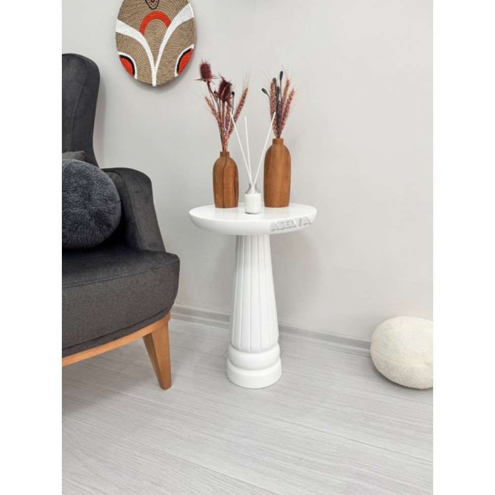 Ahşap Tekli Mantar Yan Sehpa Modern 50 cm Beyaz Renk Fiskos Çiçeklik Yan Sehpa Fiyatı