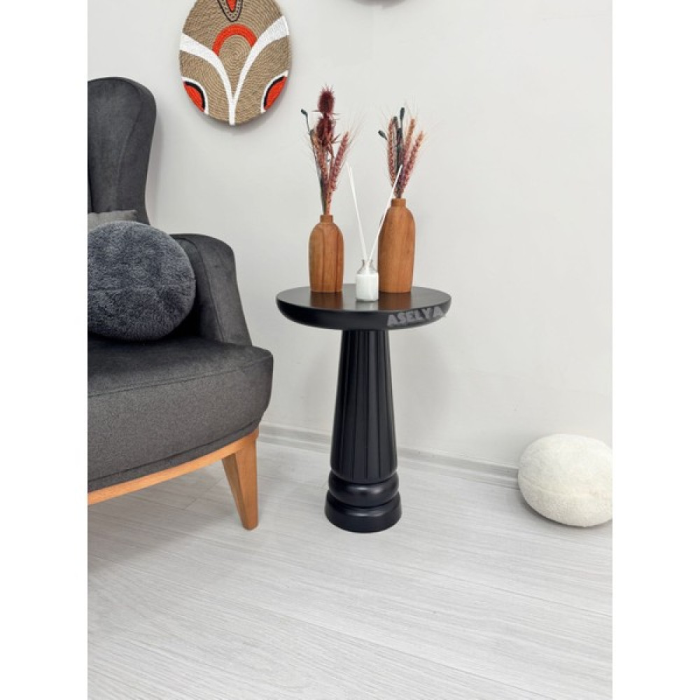 Ahşap Tekli Mantar Yan Sehpa Modern 50 cm Siyah Renk Fiskos Çiçeklik Yan Sehpa Fiyatı