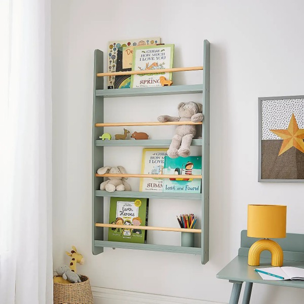 Ahsel Ahşap Adaçayı Yeşil Montessori Çocuk Odası Anaokulu Anasınıfı Etklinlik Odası Duvar Kitaplığı Raf, Anasınıfı, Anaokulu - 60 cm Duvar Rafı Fiyatı