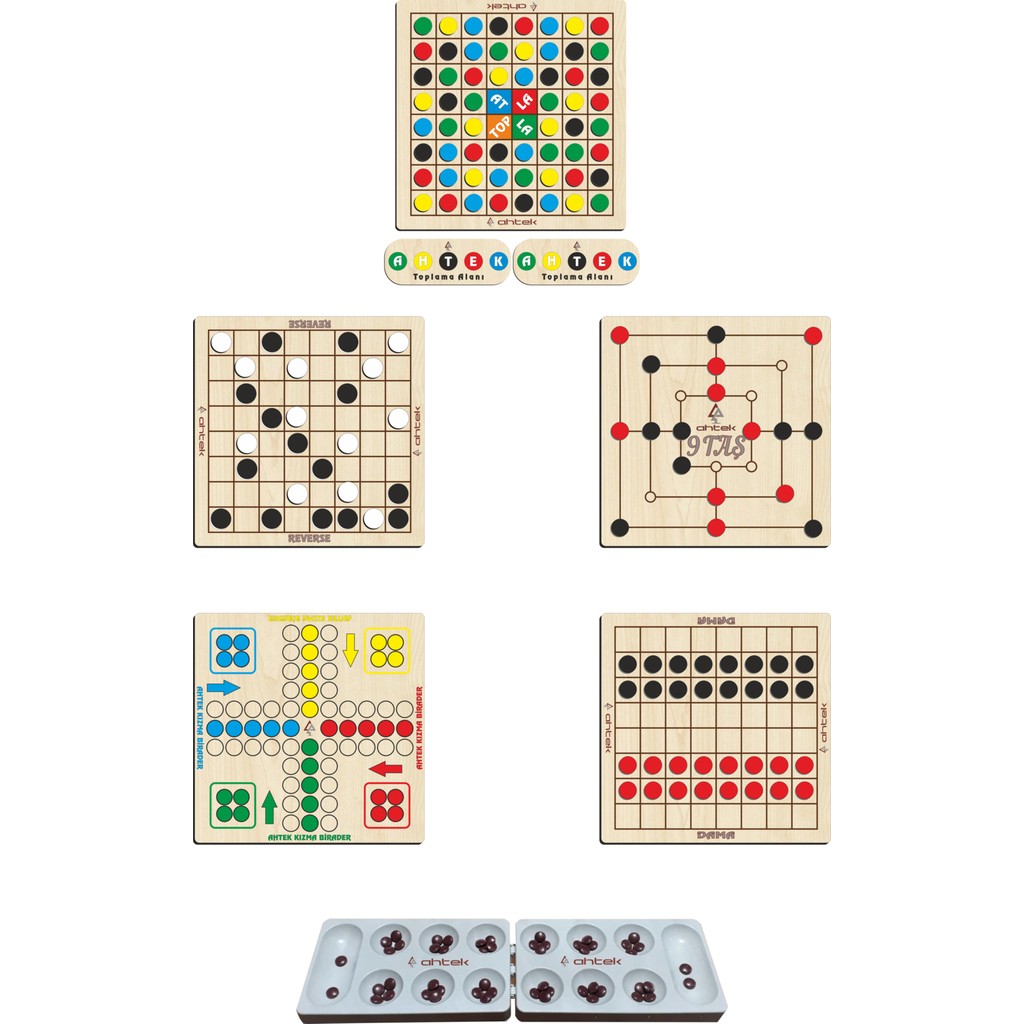 Ahtek Ahşap Zeka Oyun Seti 6 Lı, Mangala + 9 Taş + Dama + Atla Topla + Kızma Birader ve Reversi Eğitici Oyuncak Fiyatı