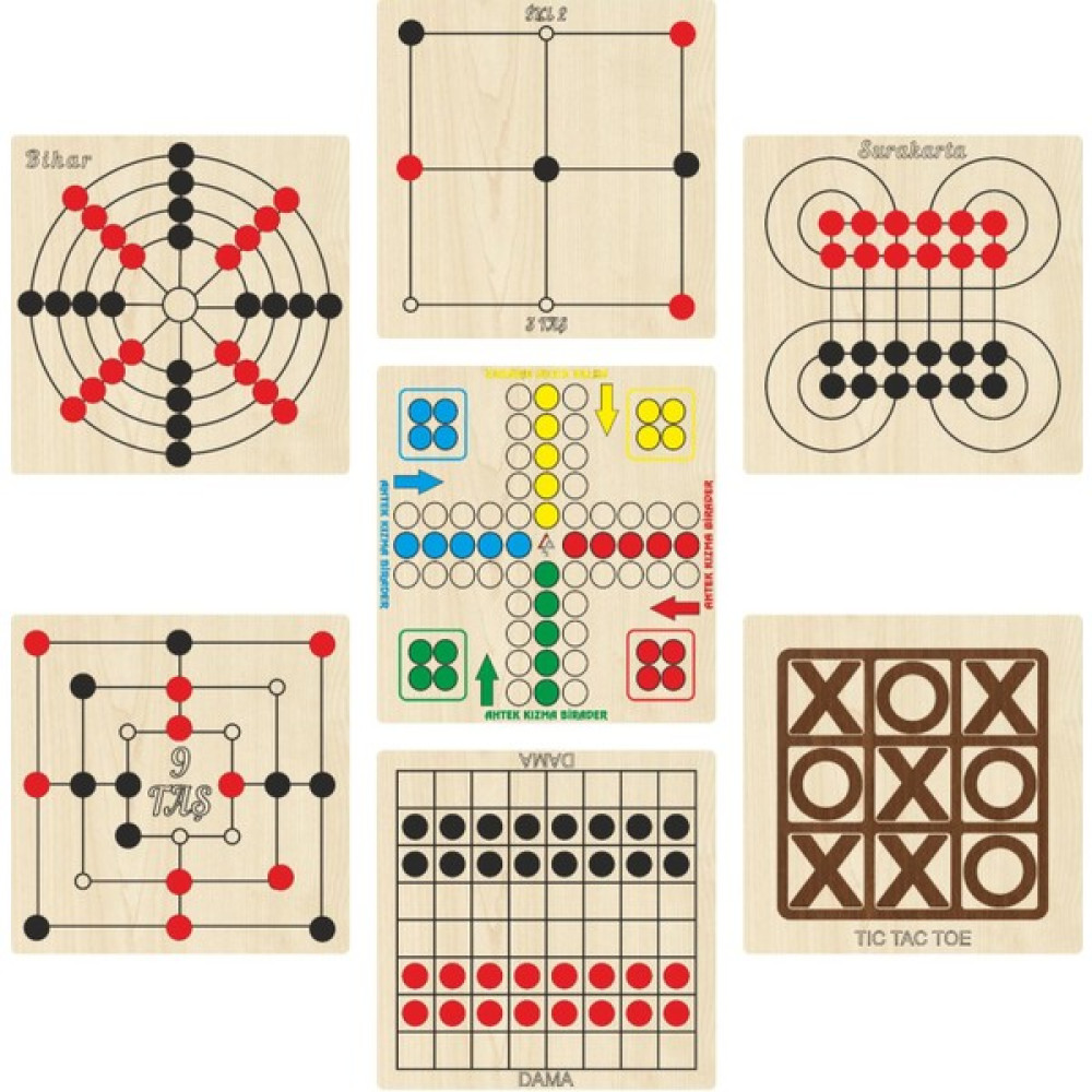 Ahtek Ahşap Zeka ve Strateji Oyun Seti 7 Li, Kızma Birader+Dama+3 Taş+9 Taş+Bihar+Surakarta ve Tic-Tac-Toe Oyun Takımları Fiyatı