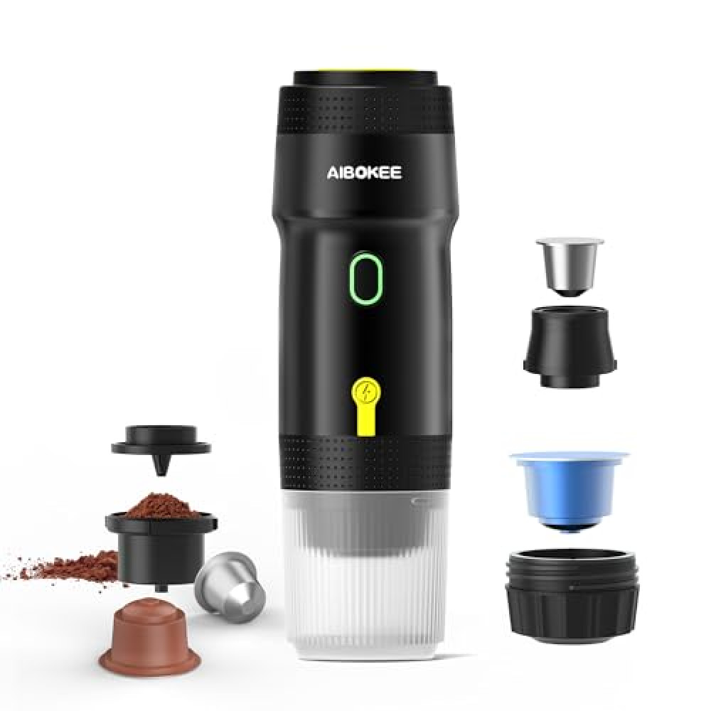 AIBOKEE Portable Electric Espresso Machine,Travel Coffee Maker for Camping, Car Coffee Maker Self-Heating with USB-DC,3-in-1 Extraction of 8g Coffee Powder,NS and Small Capsules for RV,Hiking,Office B