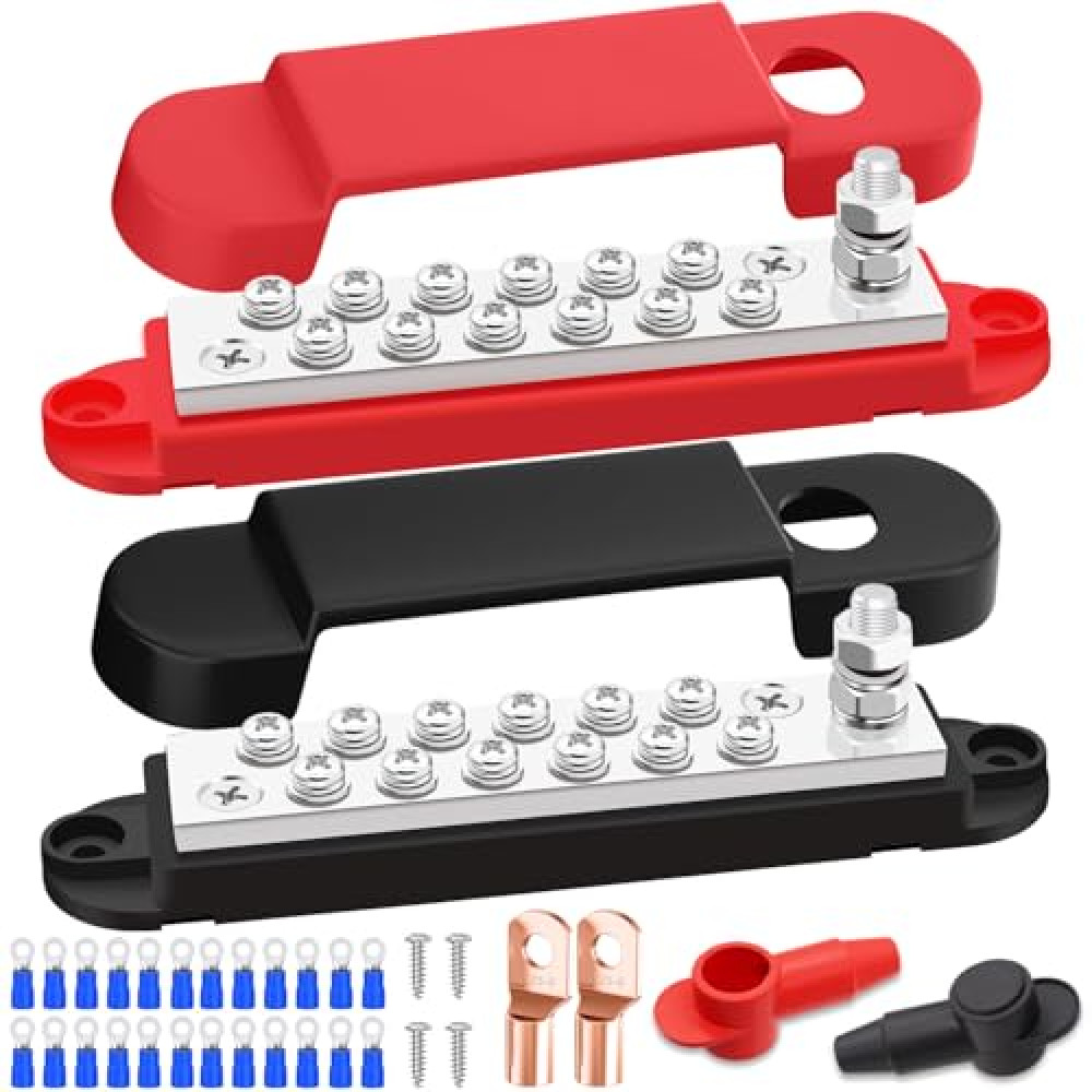 Aienxn 150A 12V Bus Bar Marine 1/4" Power Distribution Block, Battery Busbar, Automotive Busbar Terminal Block for Car and Boat, 1 x 1/4" (M6) Post, 12 x #8 (M4) Screws Terminals (Black+Red)