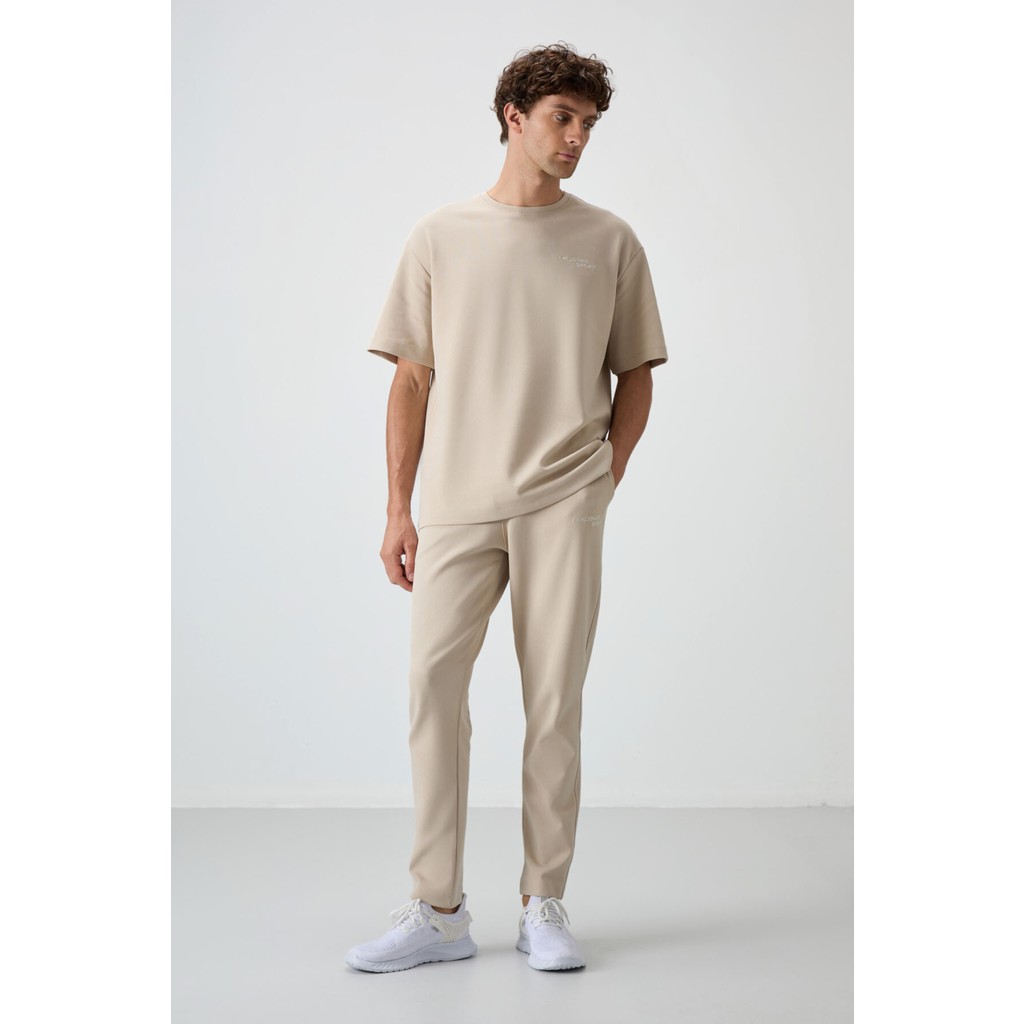 Air Jones Bej Pamuklu Kalın Yumuşak Dokulu Oversize Fit Nakışlı Erkek Eşofman Takım - 85252 Erkek Eşofman Fiyatı