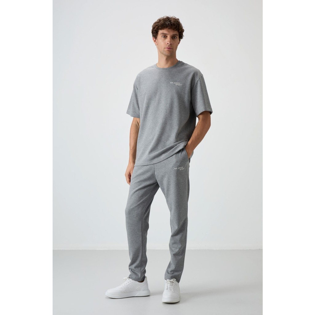 Air Jones Gri Melanj Pamuklu Kalın Yumuşak Dokulu Oversize Fit Nakışlı Erkek Eşofman Takım - 85252 Erkek Eşofman Fiyatı